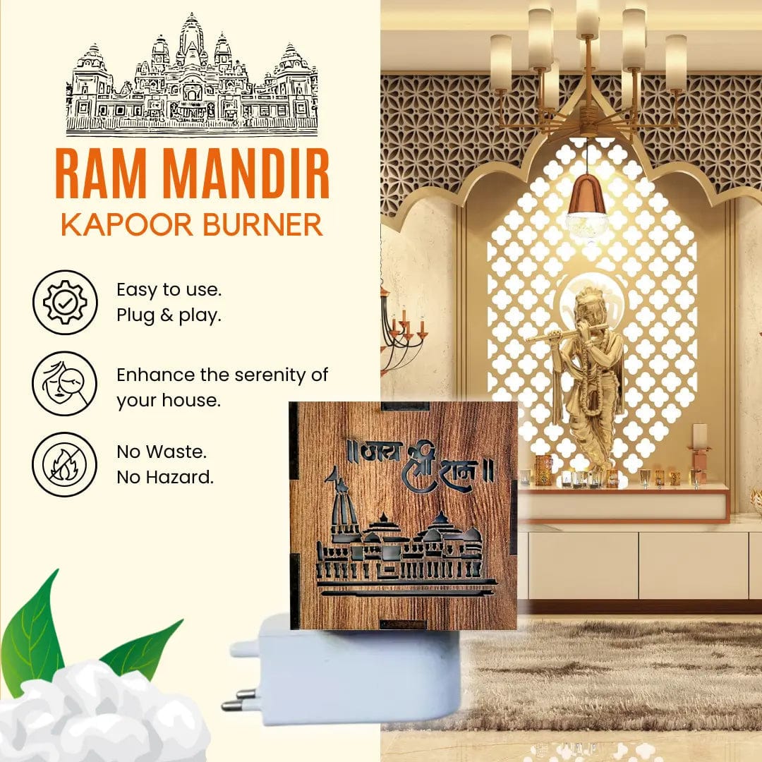 Kapoorflame™️ | Ayodhya Ram Mandir Wooden Temple Kapoor Dani Camphor Diffuser KapoorFlame™️ 3-in-1 Ayodhya Ram Mandir Electric Aroma Burner & Night lamp Zaavio®